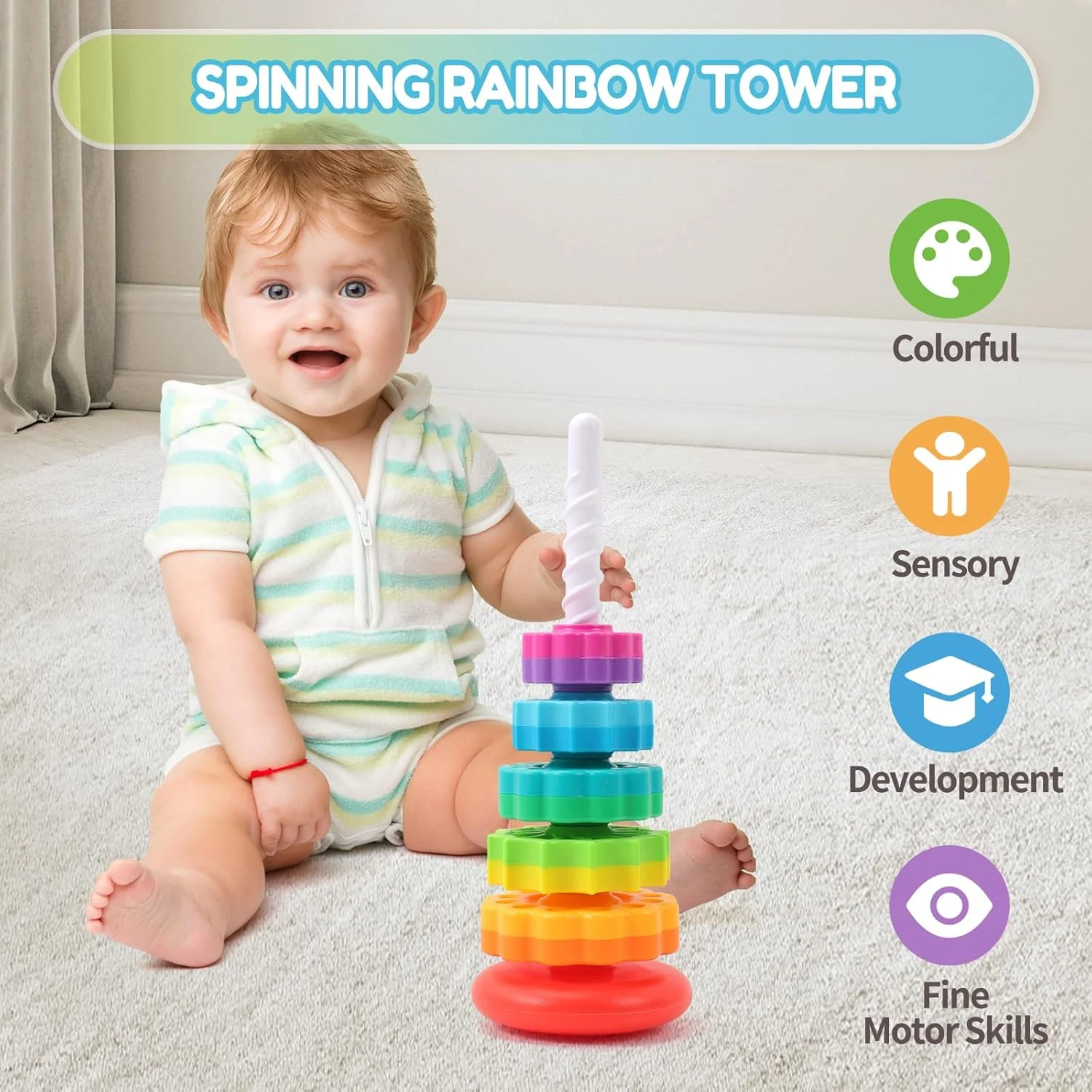 Baby Spinning Stacking Toys, 1-3 Rainbow Ring Stacker Montessori Toys for Babies, Sensory Toys for Toddlers, Christmas and Birthday Gifts Suitable for Boys and Girls (14 inches)