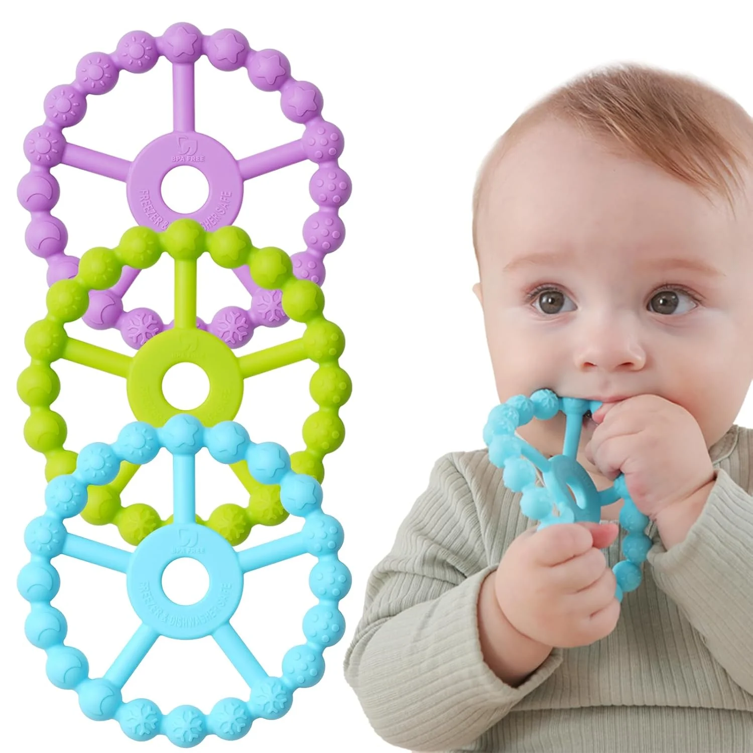 3 Pack Ring Teether Baby Infant Toys, Baby Essentials, Silicone Teething Ring Toys for Babies 0-6 Months, Toddler Teethers 6-12 Months 12-24 Months, Infant Teething Relief, Purple Pink White